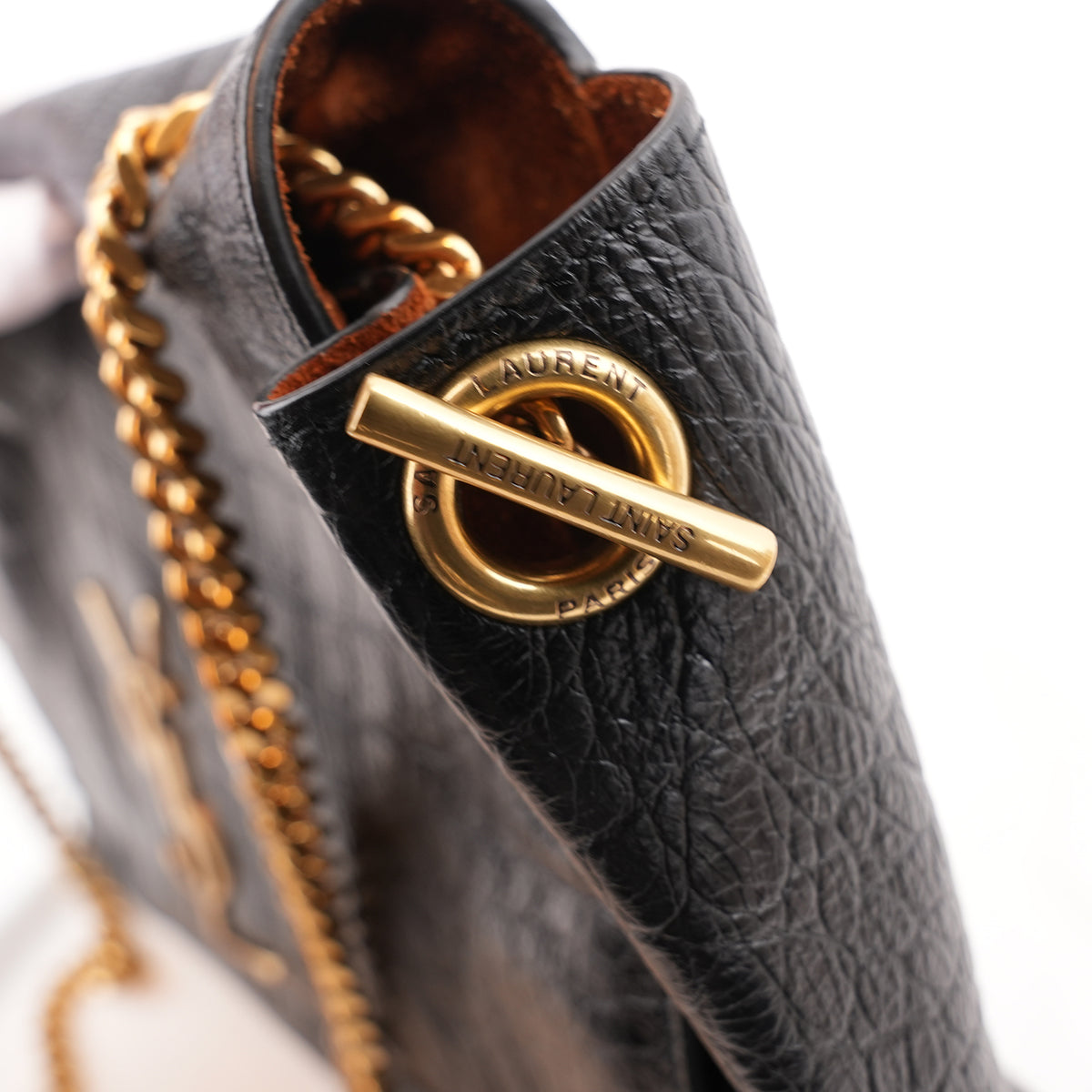 Saint Laurent Kate Borsa a Spalla in Pelle Nera Effetto Coccodrillo con Logo YSL e Catena Dorata