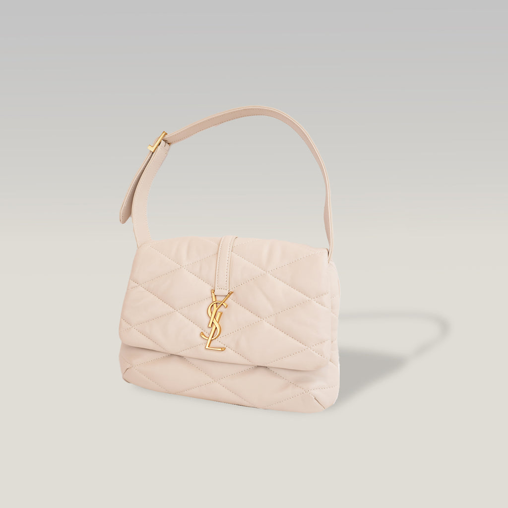 Saint Laurent Le 5 à 7 Borsa a Spalla Matelassé in Pelle Beige Chiaro con Logo YSL Dorato
