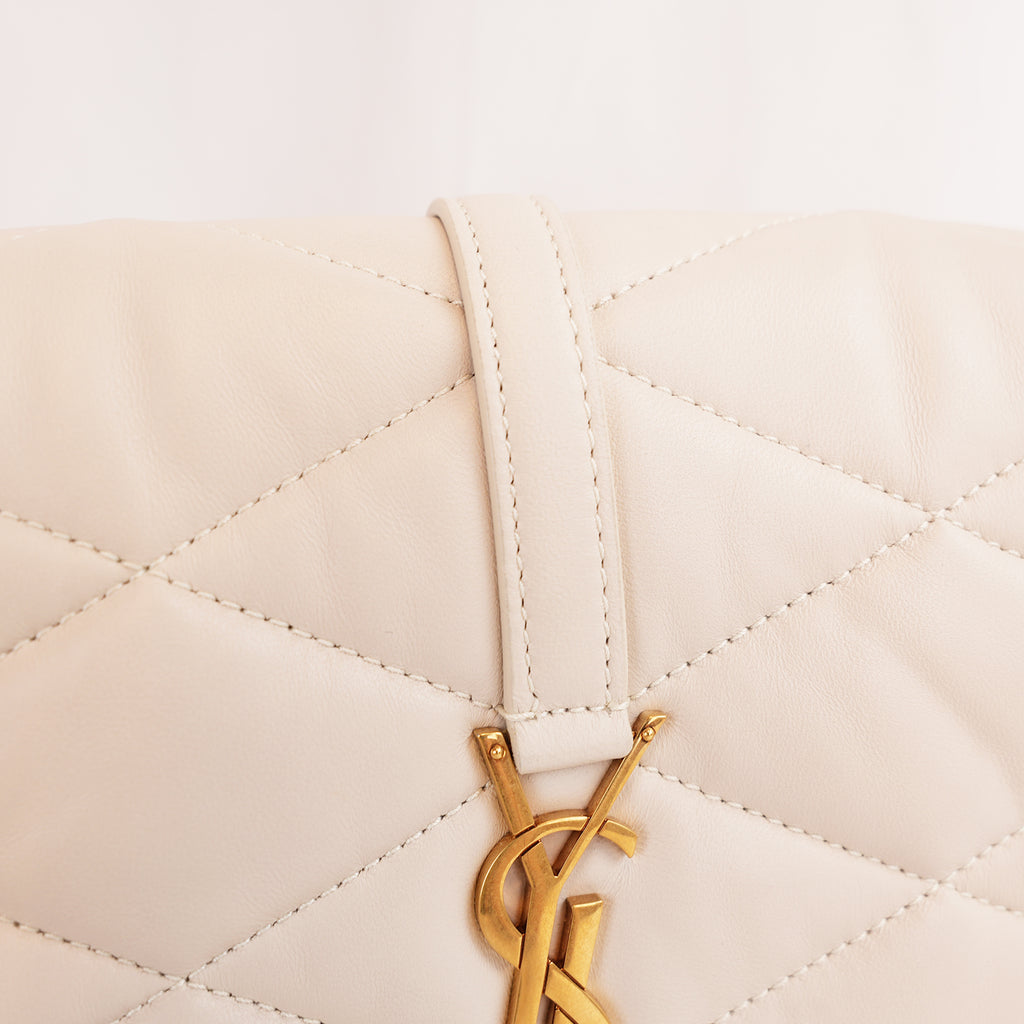 Saint Laurent Le 5 à 7 Borsa a Spalla Matelassé in Pelle Beige Chiaro con Logo YSL Dorato