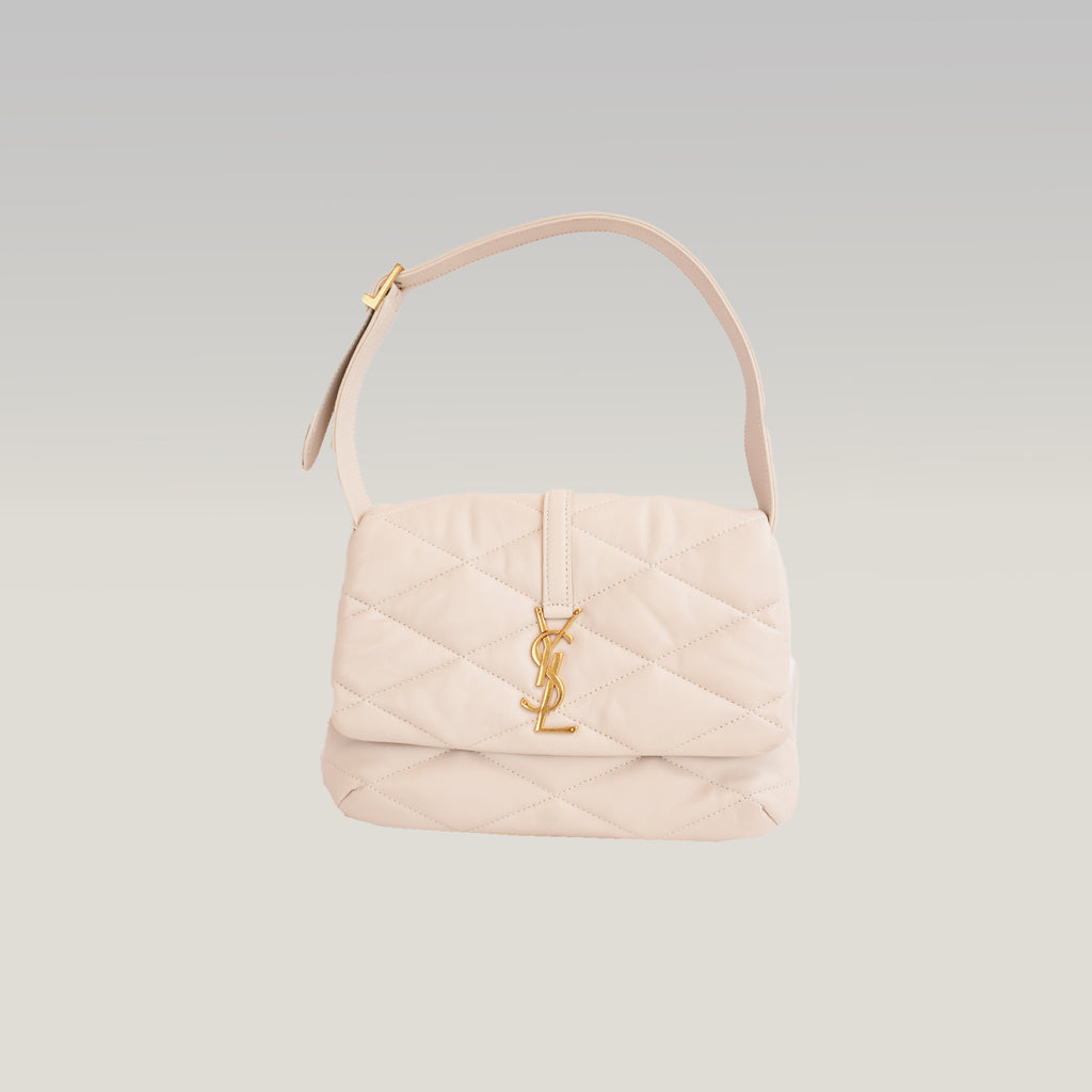 Saint Laurent Le 5 à 7 Borsa a Spalla Matelassé in Pelle Beige Chiaro con Logo YSL Dorato
