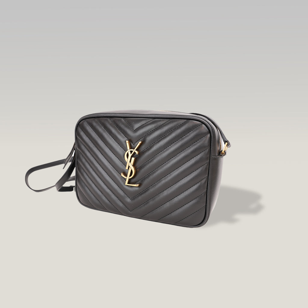 Saint Laurent Lou Camera Bag Borsa a Tracolla in Pelle Nera Matelassé Chevron con Logo YSL Dorato
