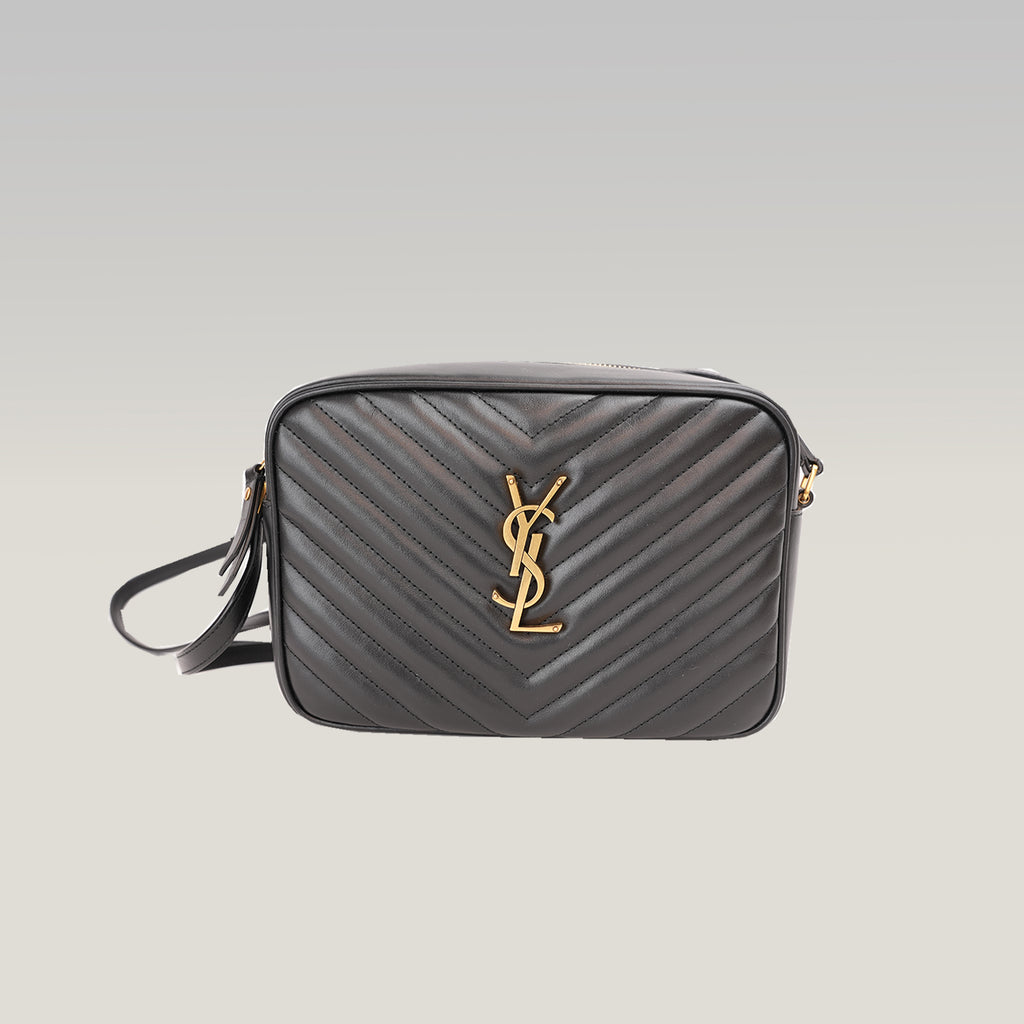 Saint Laurent Lou Camera Bag Borsa a Tracolla in Pelle Nera Matelassé Chevron con Logo YSL Dorato
