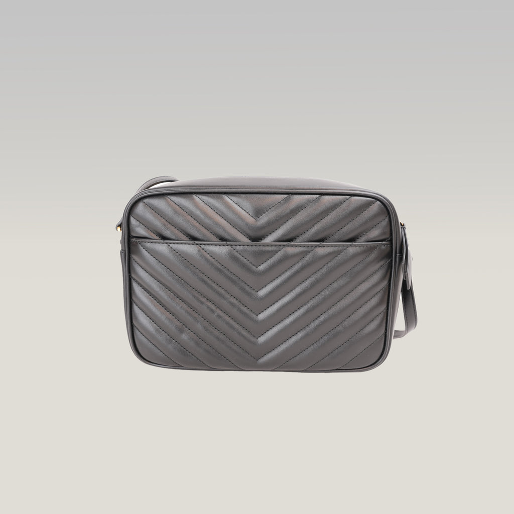 Saint Laurent Lou Camera Bag Borsa a Tracolla in Pelle Nera Matelassé Chevron con Logo YSL Dorato