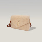Saint Laurent Loulou Toy Borsa a Tracolla Piccola in Shearling Beige con Finiture in Pelle Marrone e Logo YSL Dorato