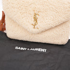 Saint Laurent Loulou Toy Borsa a Tracolla Piccola in Shearling Beige con Finiture in Pelle Marrone e Logo YSL Dorato