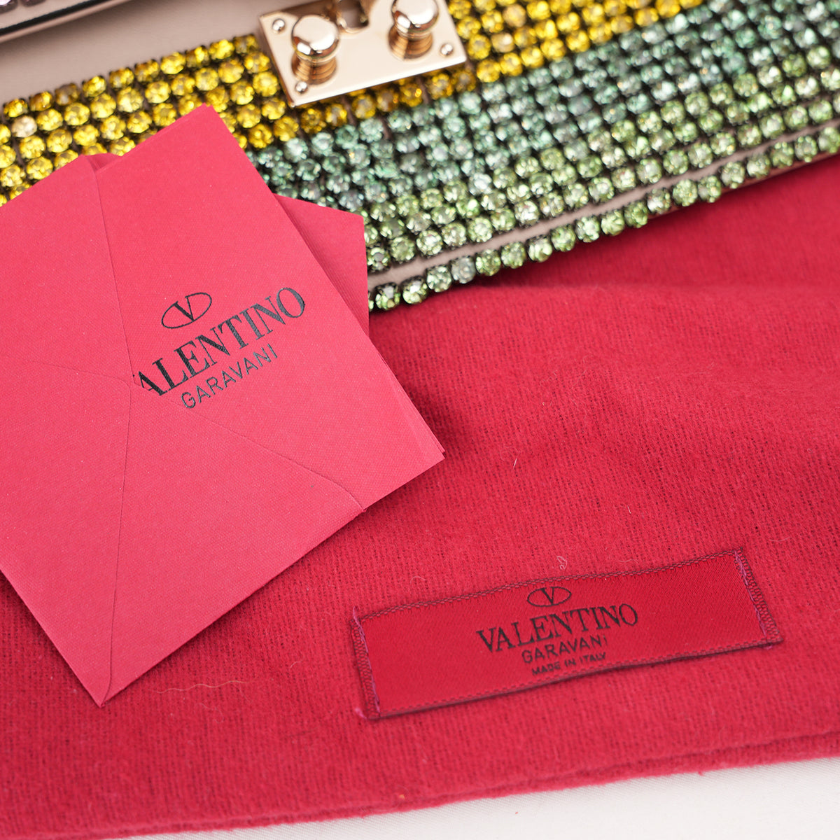Valentino Garavani Glam Lock Pochette da Sera Multicolore con Strass e Cristalli, Chiusura Dorata e Dust Bag