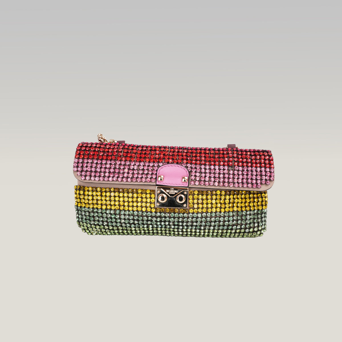 Valentino Garavani Glam Lock Pochette da Sera Multicolore con Strass e Cristalli, Chiusura Dorata e Dust Bag