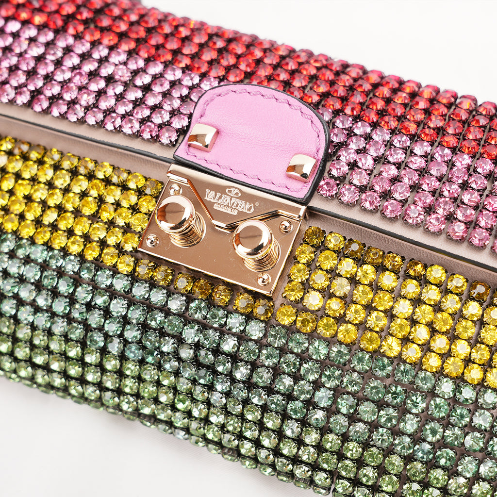 Valentino Garavani Glam Lock Pochette da Sera Multicolore con Strass e Cristalli, Chiusura Dorata e Dust Bag