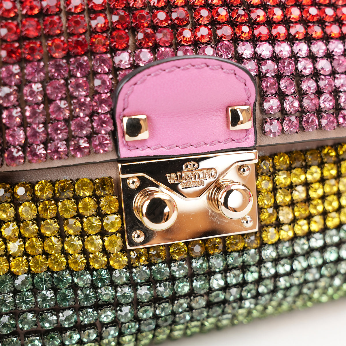 Valentino Garavani Glam Lock Pochette da Sera Multicolore con Strass e Cristalli, Chiusura Dorata e Dust Bag