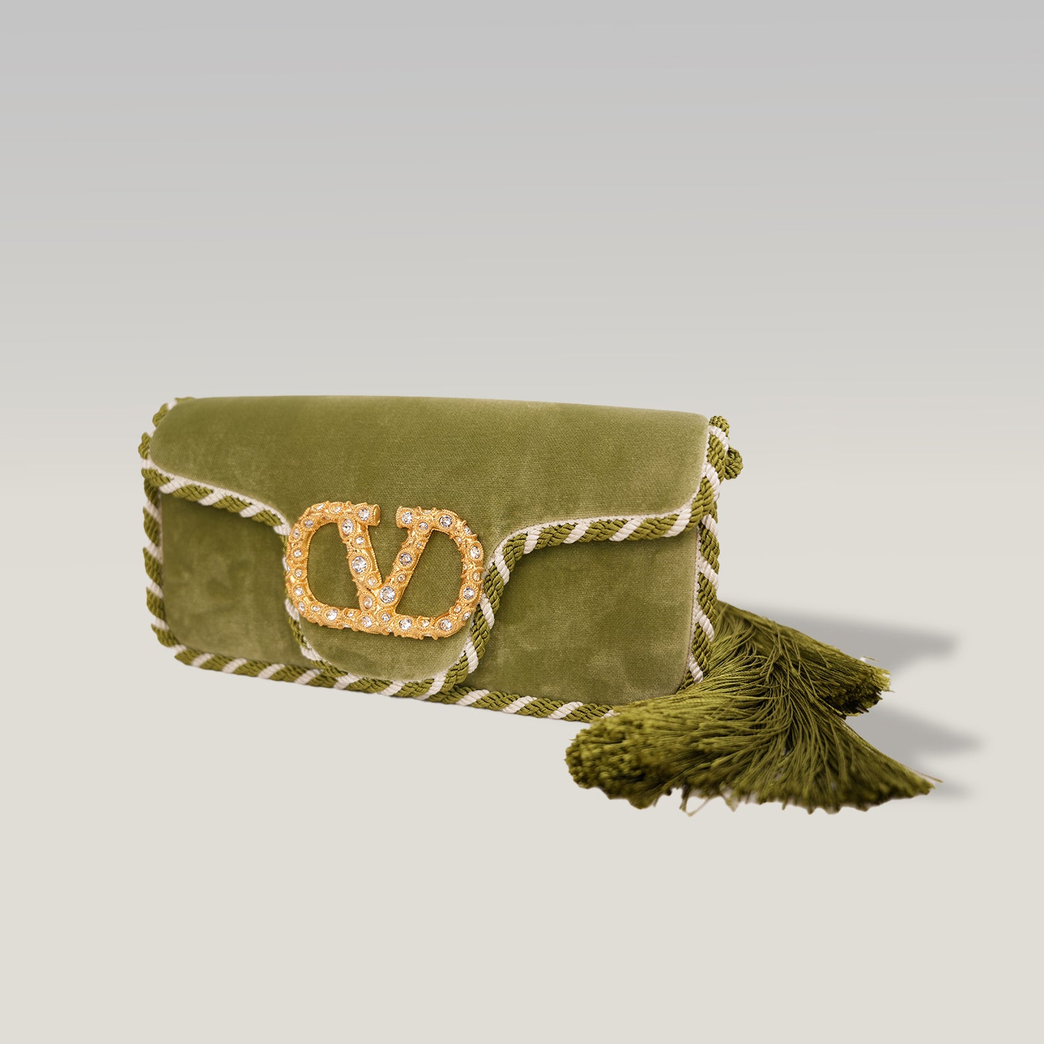 Valentino Garavani Locò Green Velvet Crystal VLogo Shoulder Bag