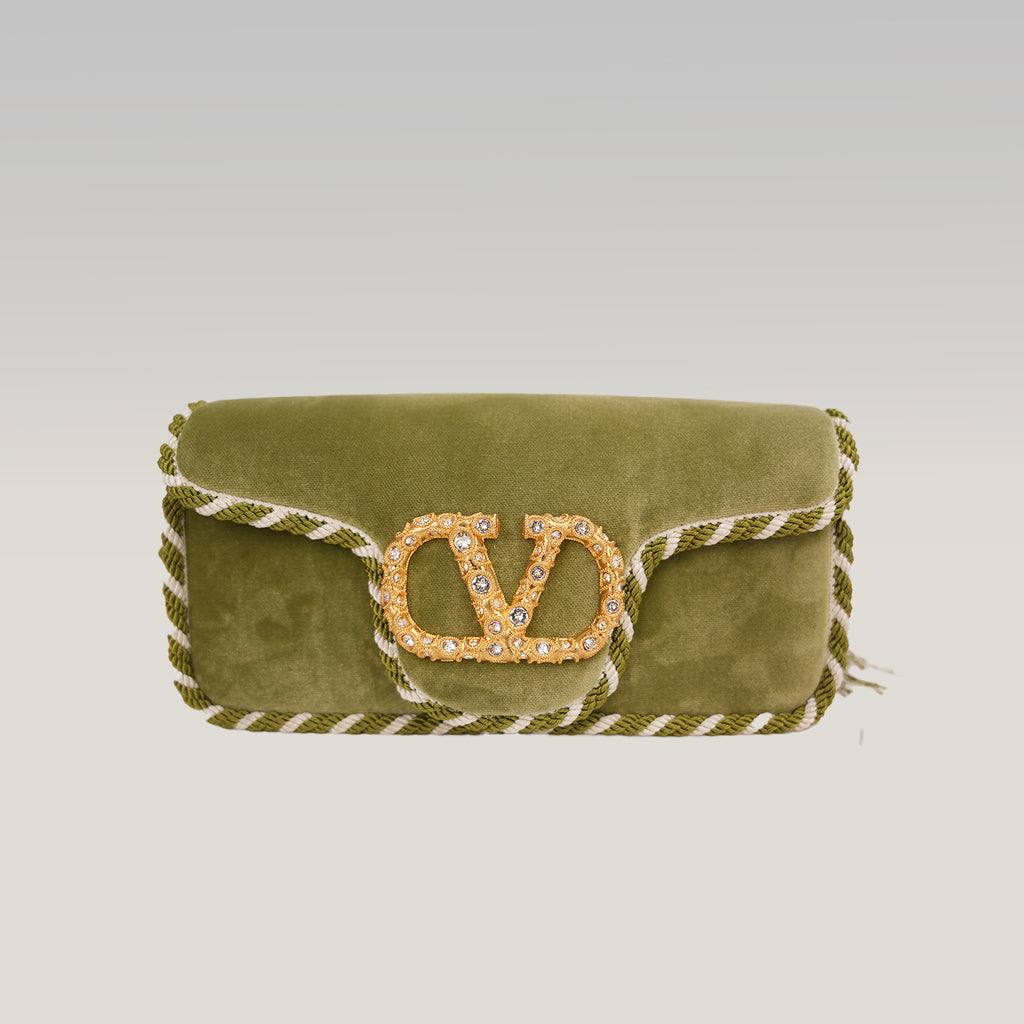 Valentino Garavani Locò Green Velvet Crystal VLogo Shoulder Bag