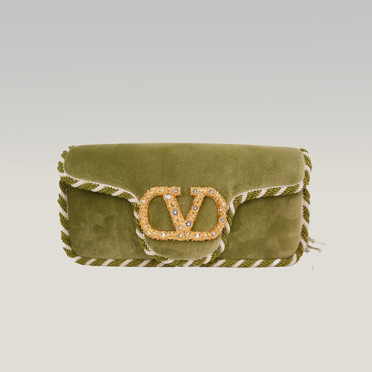 Valentino Garavani Locò Green Velvet Crystal VLogo Shoulder Bag