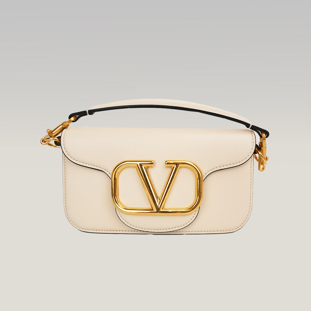 Valentino Garavani Locò Borsa Bianca in Pelle con Maxi VLogo Oro