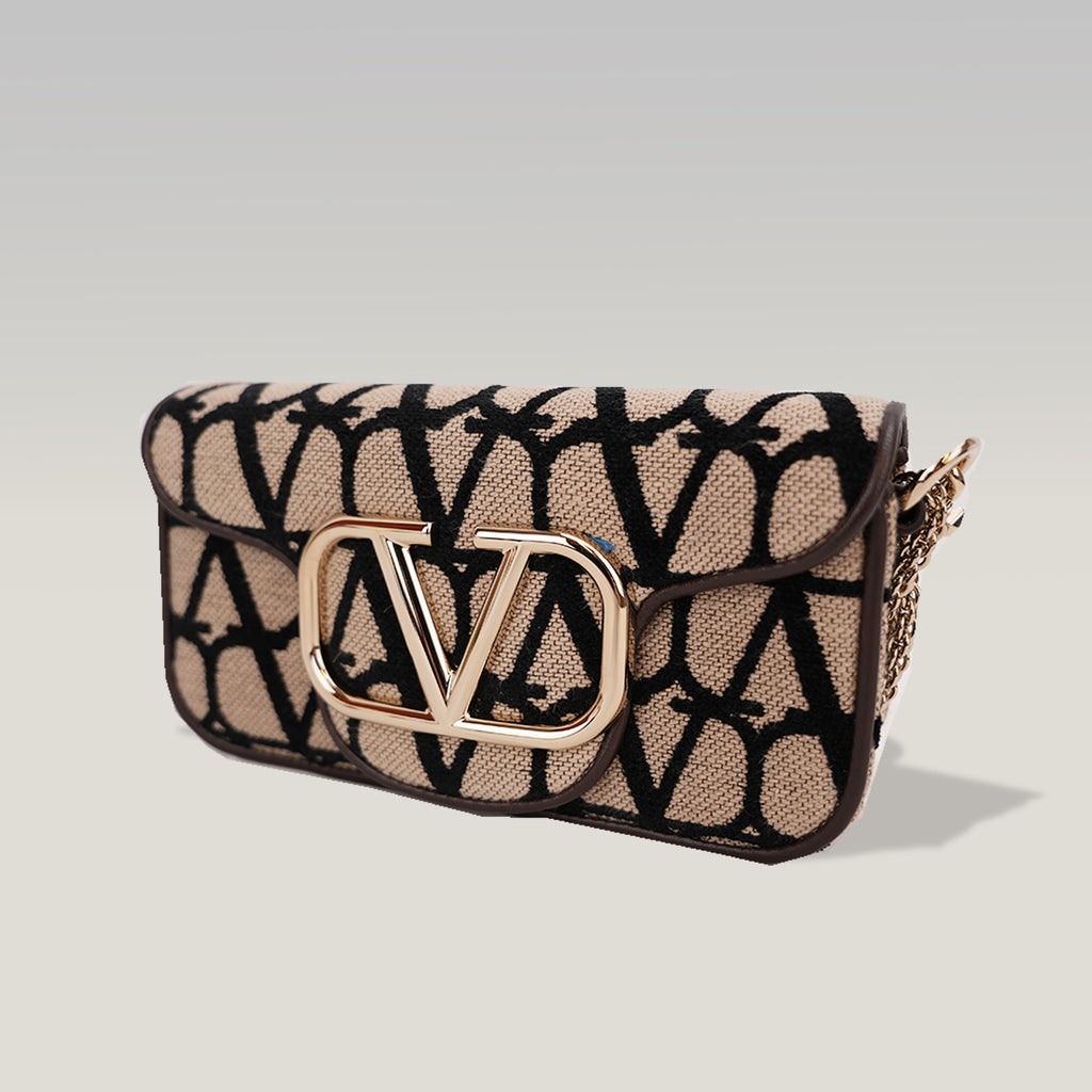 Valentino Garavani VLogo Loco Toile Iconographe Small Bag Beige e Nero con Maxi Logo Oro