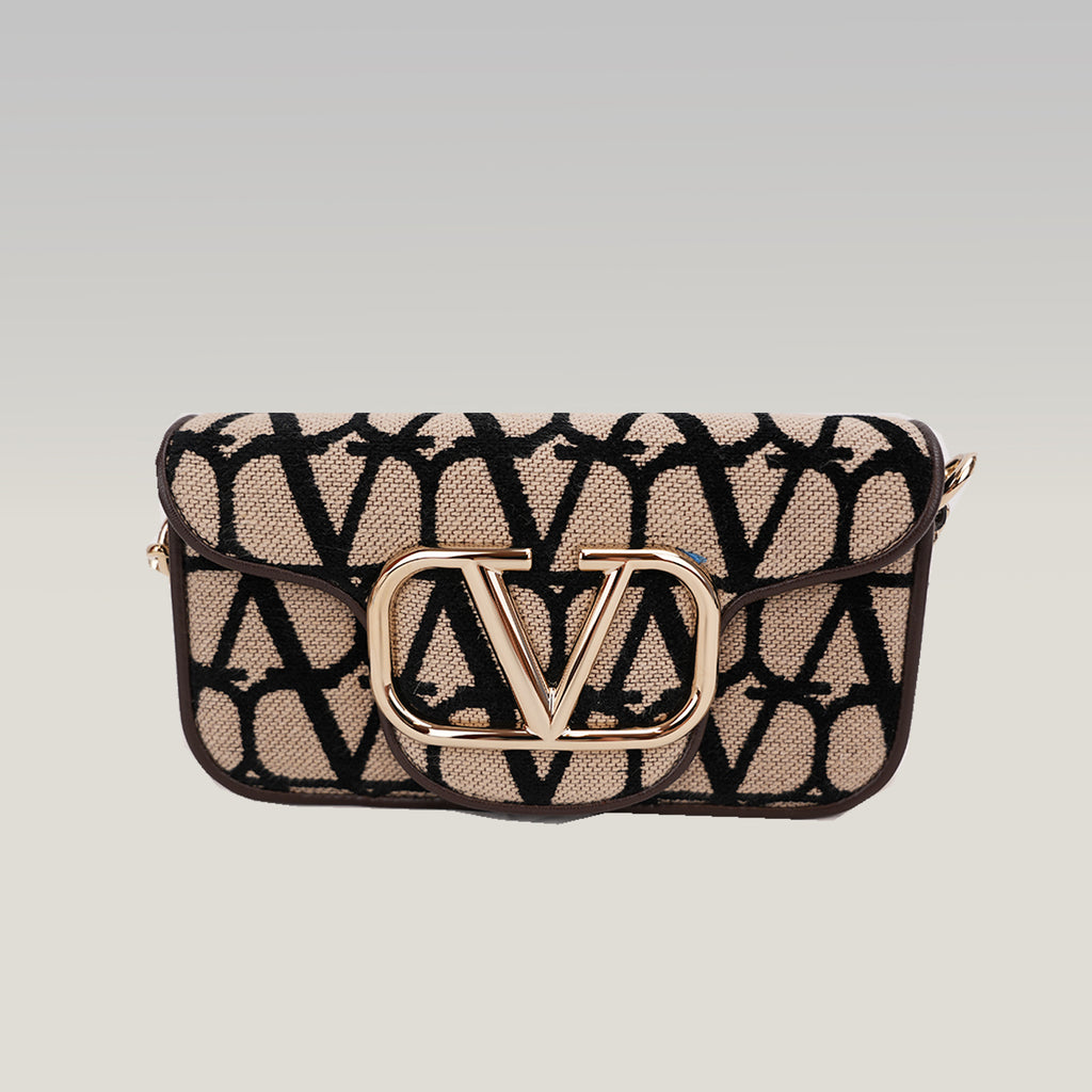 Valentino Garavani VLogo Loco Toile Iconographe Small Bag Beige e Nero con Maxi Logo Oro