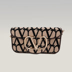 Valentino Garavani VLogo Loco Toile Iconographe Small Bag Beige e Nero con Maxi Logo Oro