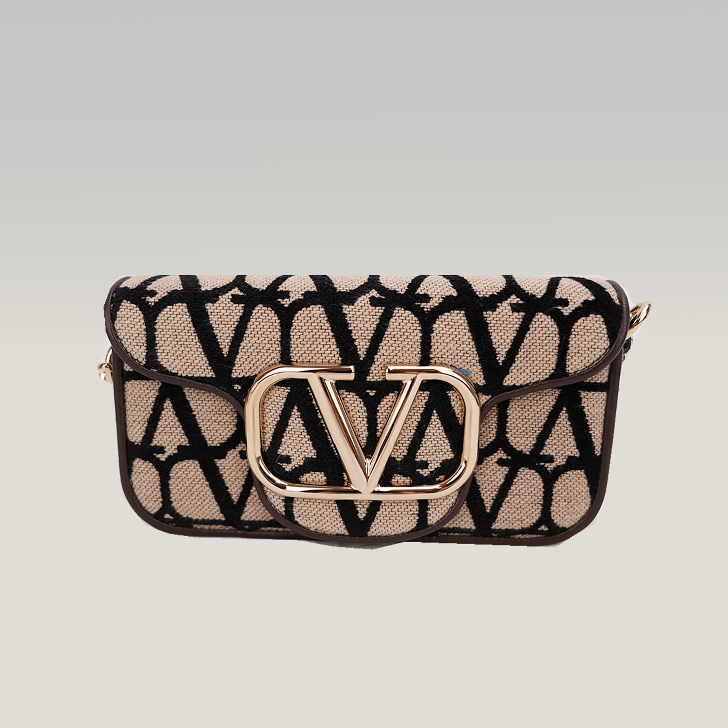 Valentino Garavani VLogo Loco Toile Iconographe Small Bag Beige e Nero con Maxi Logo Oro