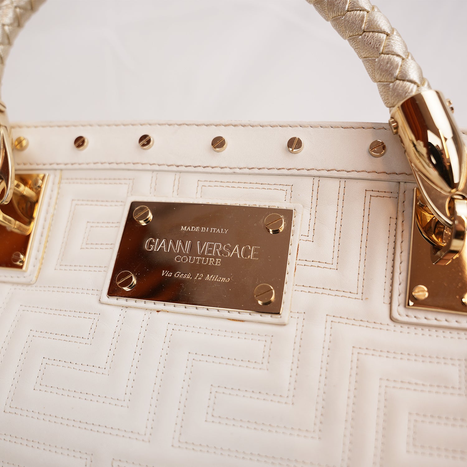 Vintage Gianni Versace White Patent Leather Handbag with Gold Hardware