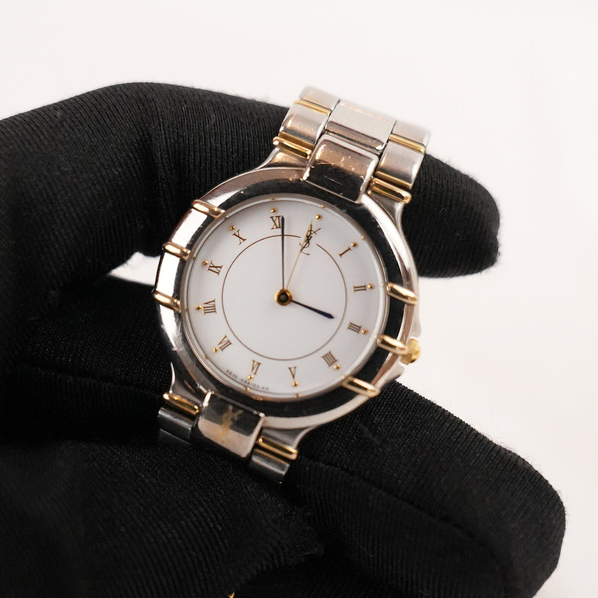 Yves Saint Laurent YSL Orologio Vintage da Donna con Quadrante Bianco e Bracciale Bicolore Argento e Oro