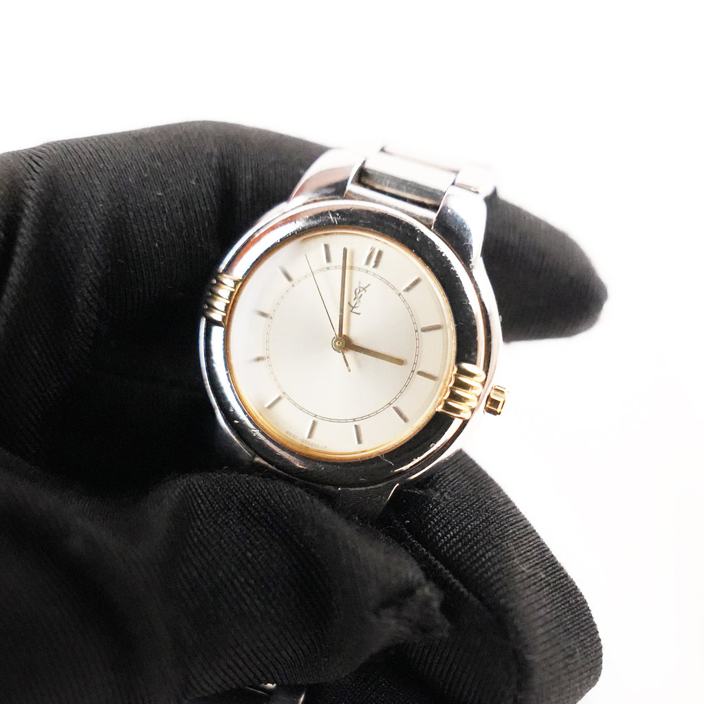 Yves Saint Laurent YSL Orologio Vintage Unisex al Quarzo con Quadrante Champagne e Bracciale in Acciaio Argentato