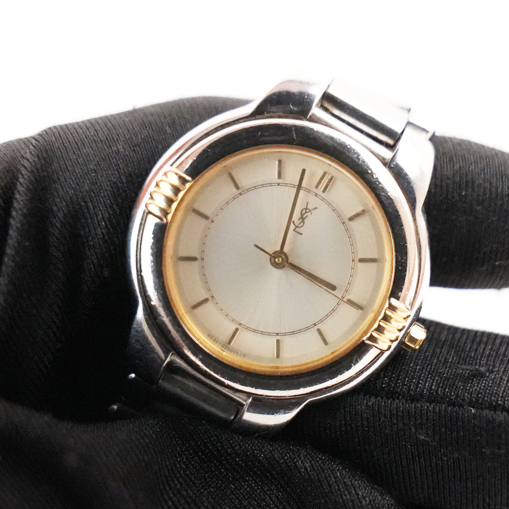 Yves Saint Laurent YSL Orologio Vintage Unisex al Quarzo con Quadrante Champagne e Bracciale in Acciaio Argentato
