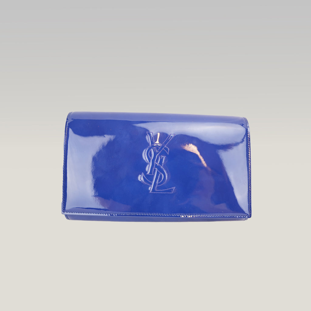 Yves Saint Laurent Belle De Jour Clutch Blu Royal in Vernice con Logo YSL