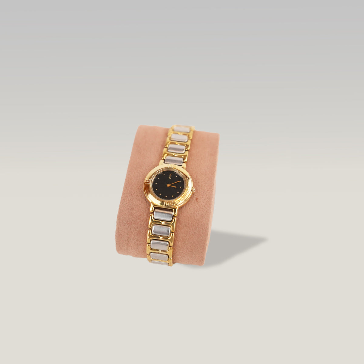 Yves Saint Laurent YSL Orologio Vintage Donna con Quadrante Nero e Bracciale Bicolore Oro e Argento