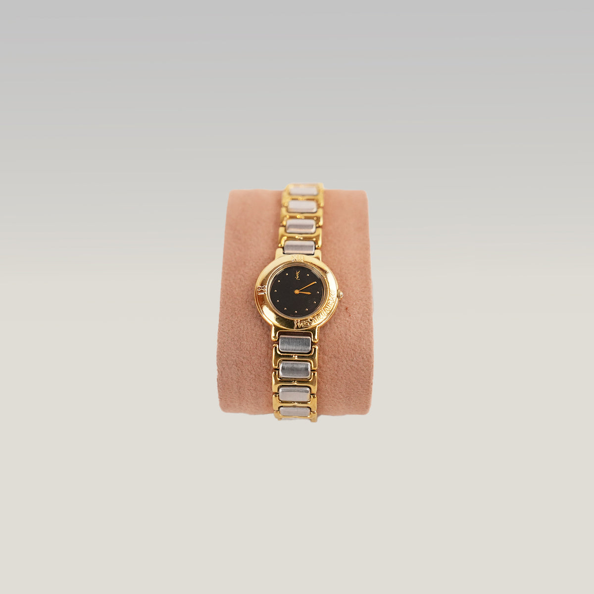 Yves Saint Laurent YSL Orologio Vintage Donna con Quadrante Nero e Bracciale Bicolore Oro e Argento