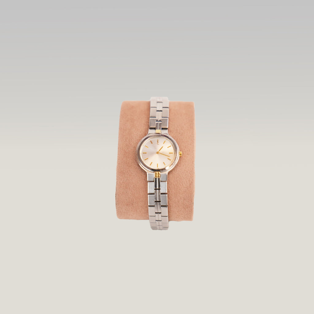 Yves Saint Laurent YSL Orologio Vintage Donna con Quadrante Argentato e Bracciale in Metallo Argentato e Dettagli Dorati