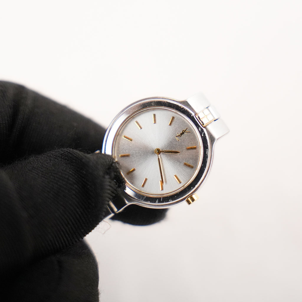 Yves Saint Laurent YSL Orologio Vintage Donna con Quadrante Argentato e Bracciale in Metallo Argentato e Dettagli Dorati