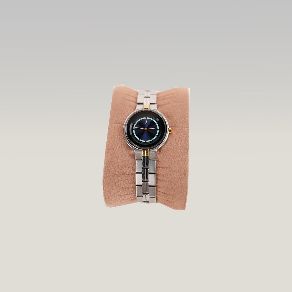 Yves Saint Laurent YSL Orologio Vintage Donna al Quarzo con Quadrante Blu e Bracciale Argentato con Dettagli Dorati