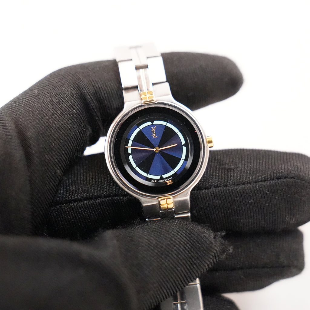 Yves Saint Laurent YSL Orologio Vintage Donna al Quarzo con Quadrante Blu e Bracciale Argentato con Dettagli Dorati