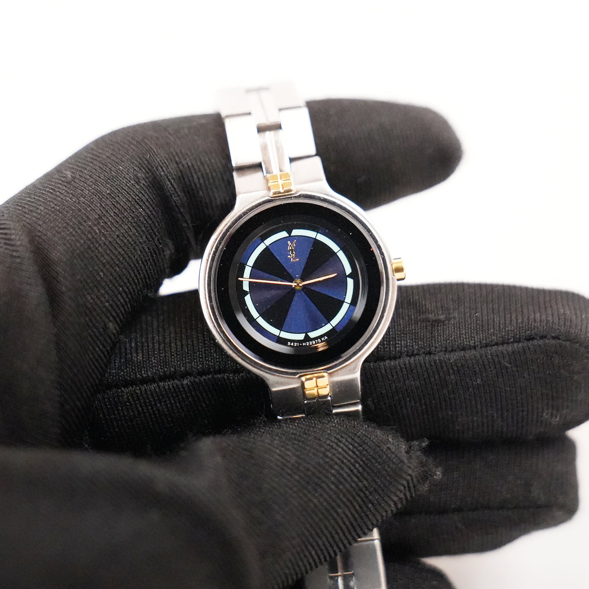 Yves Saint Laurent YSL Orologio Vintage Donna al Quarzo con Quadrante Blu e Bracciale Argentato con Dettagli Dorati
