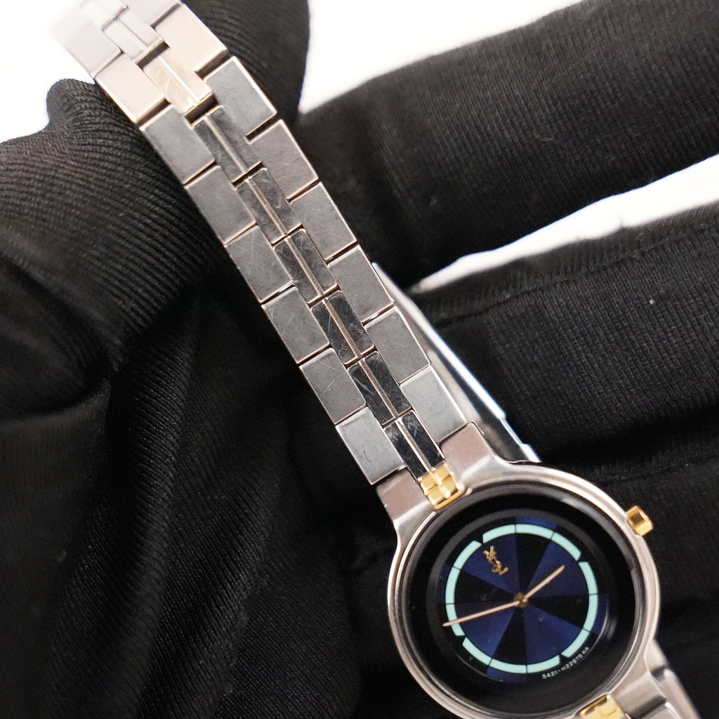 Yves Saint Laurent YSL Orologio Vintage Donna al Quarzo con Quadrante Blu e Bracciale Argentato con Dettagli Dorati