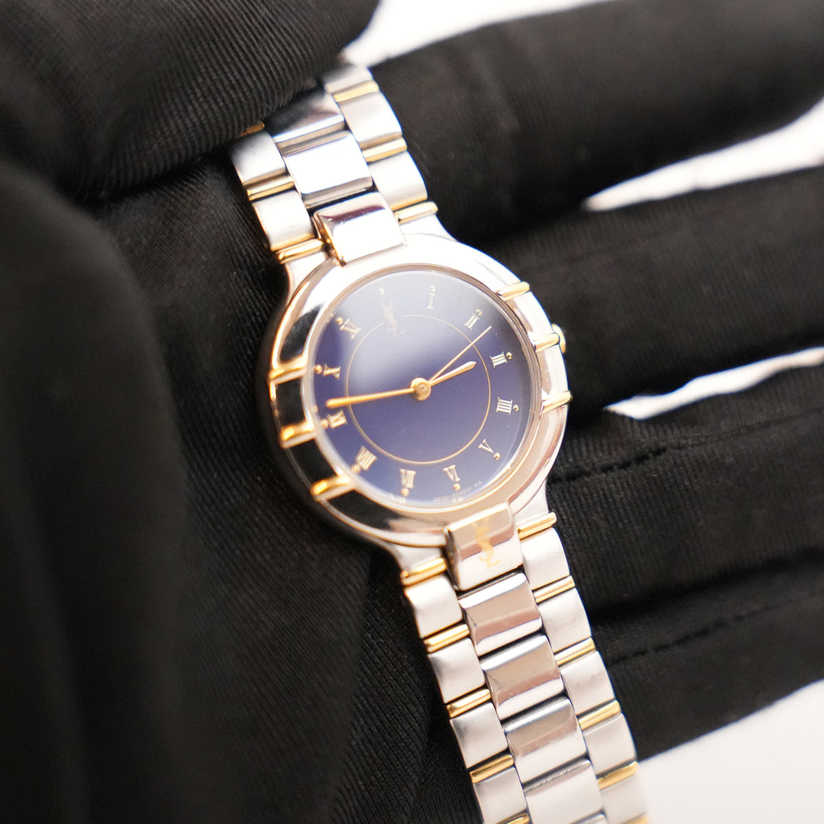 Yves Saint Laurent YSL Orologio Vintage Donna con Quadrante Blu e Bracciale Bicolore Argento e Oro