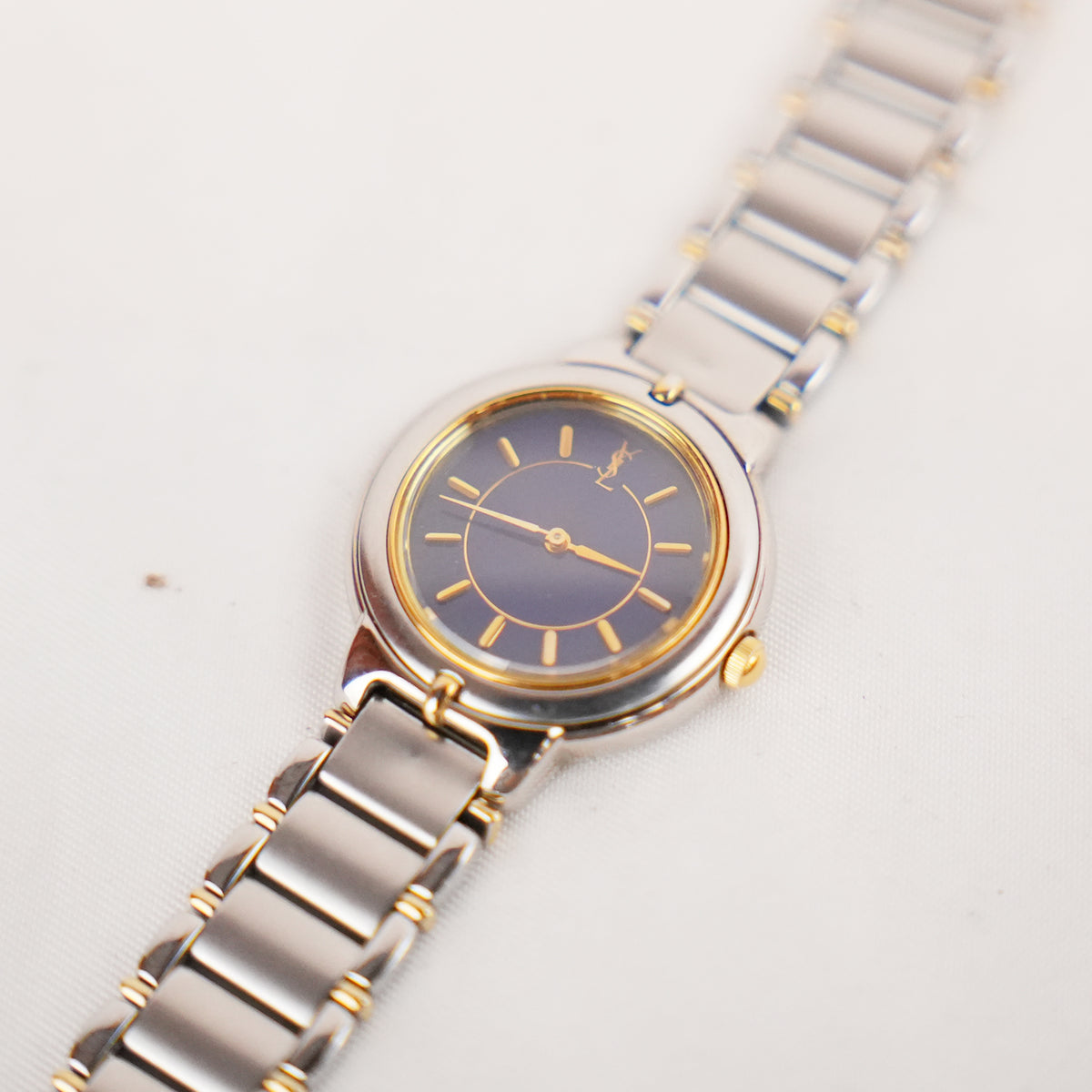 Yves Saint Laurent YSL Orologio Vintage Unisex con Quadrante Blu e Bracciale Bicolore Argento e Oro