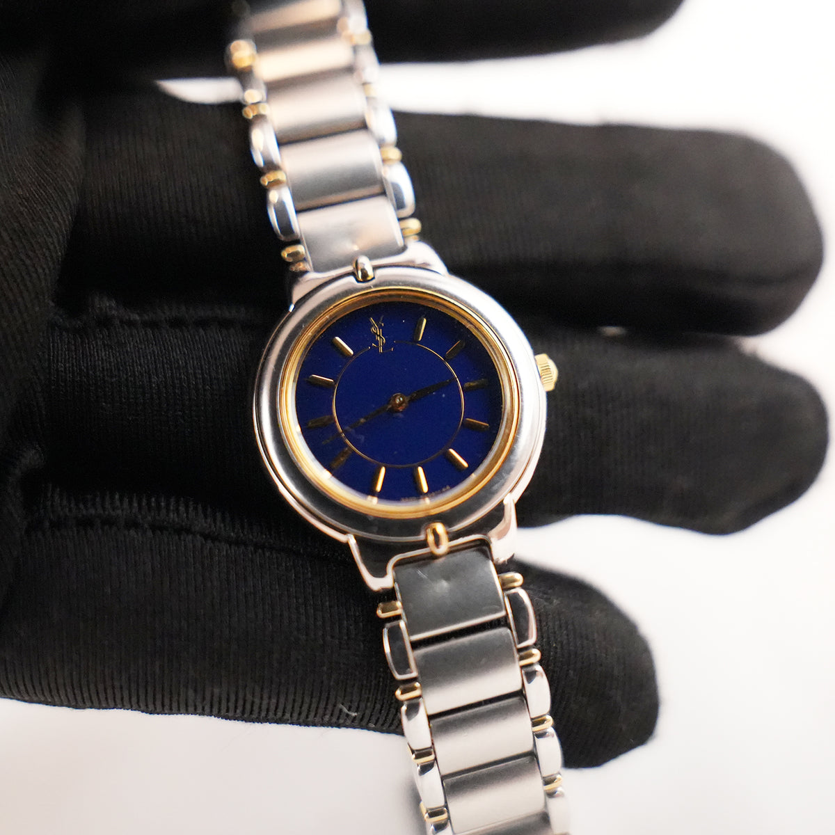 Yves Saint Laurent YSL Orologio Vintage Unisex con Quadrante Blu e Bracciale Bicolore Argento e Oro