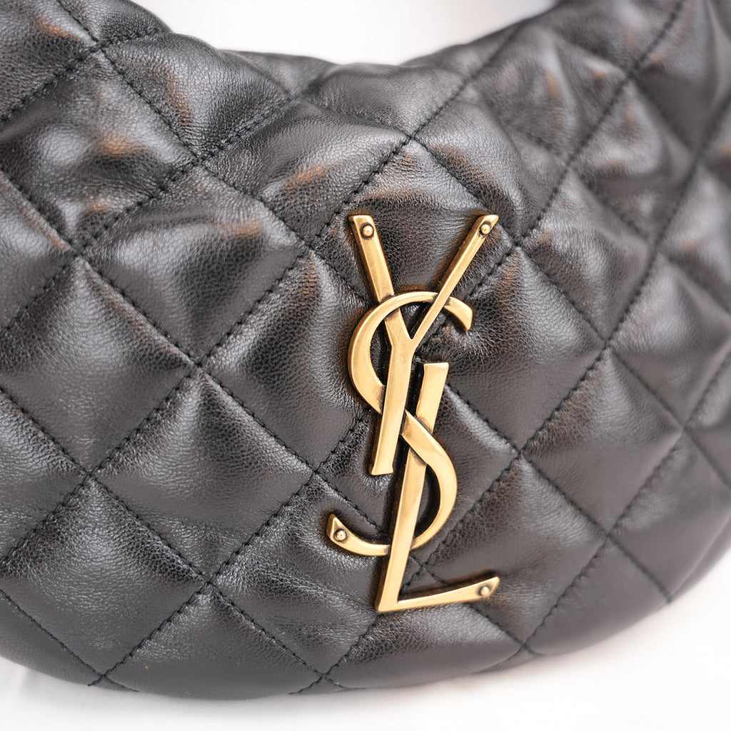 Saint Laurent Borsa Hobo Mini Nera Trapuntata in Pelle con Logo YSL Dorato