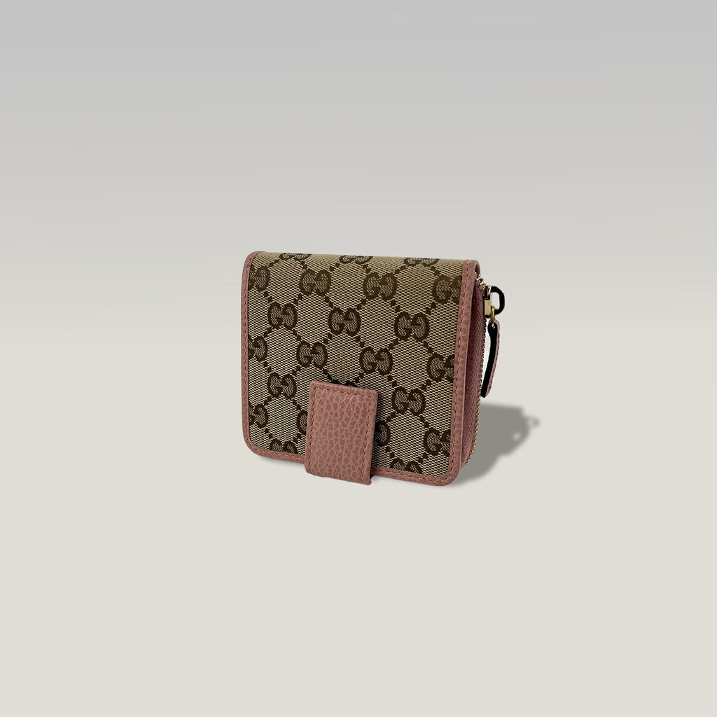 Gucci GG Supreme portafoglio corto con zip – canvas monogram e pelle rosa