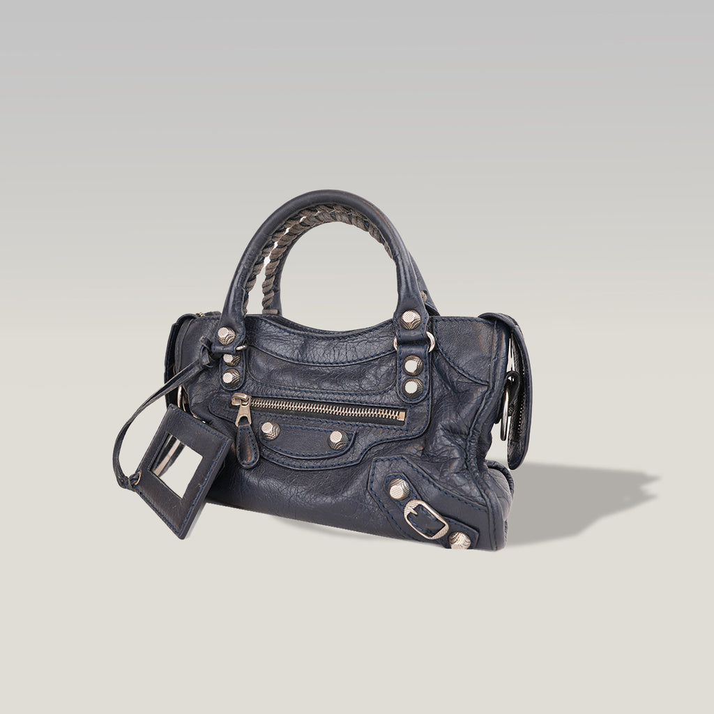 Balenciaga Mini City Borsa Vintage in Pelle Blu Scuro con Borchie Argento Giant 12