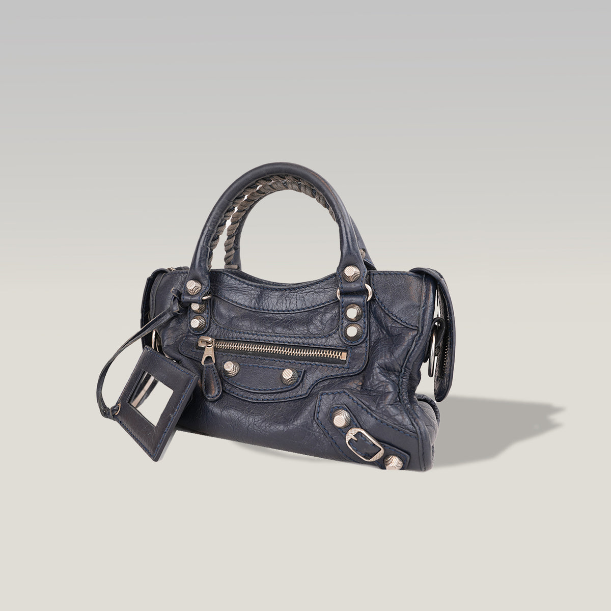 Balenciaga Mini City Borsa Vintage in Pelle Blu Scuro con Borchie Argento Giant 12