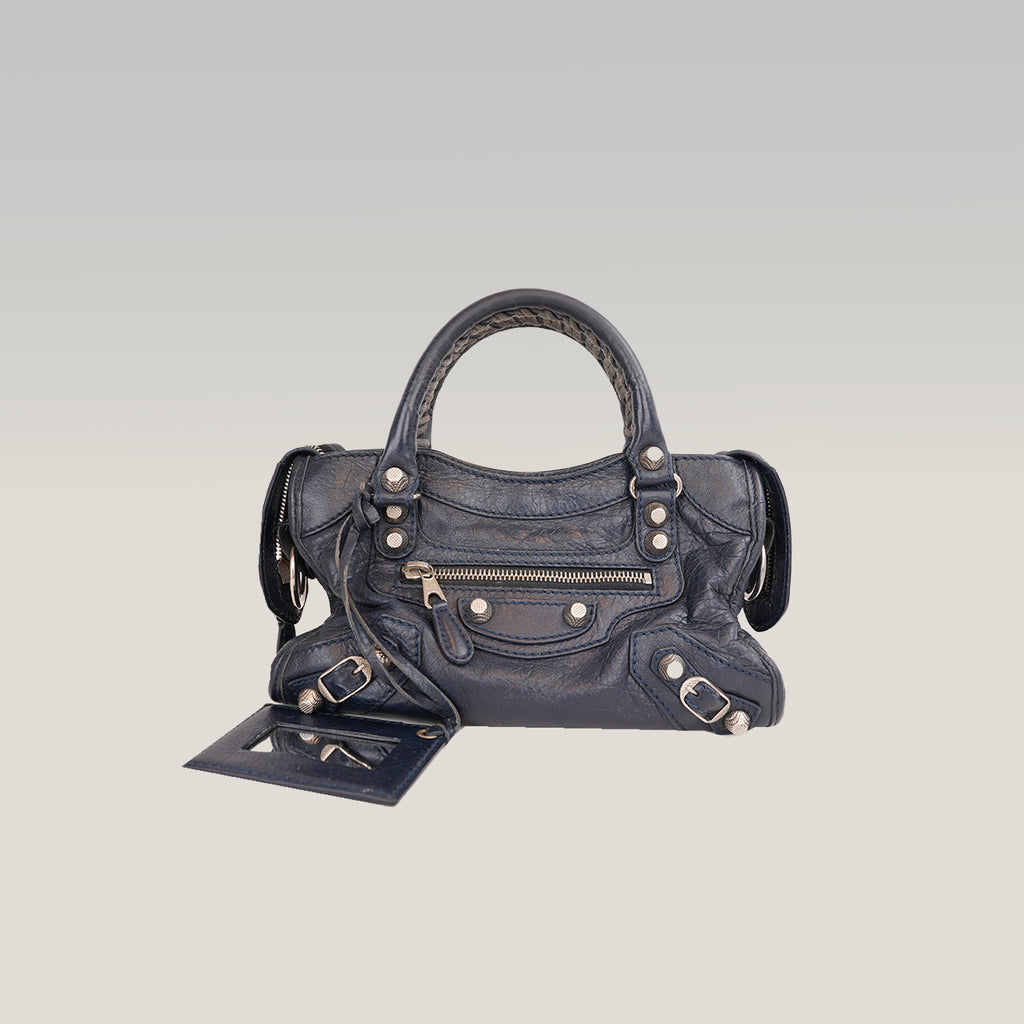 Balenciaga Mini City Borsa Vintage in Pelle Blu Scuro con Borchie Argento Giant 12