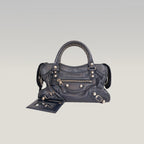 Balenciaga Mini City Borsa Vintage in Pelle Blu Scuro con Borchie Argento Giant 12