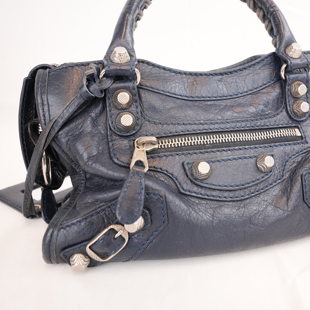 Balenciaga Mini City Borsa Vintage in Pelle Blu Scuro con Borchie Argento Giant 12