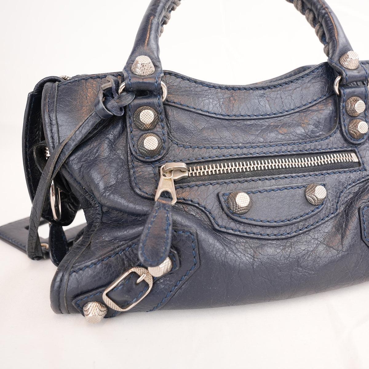 Balenciaga Mini City Borsa Vintage in Pelle Blu Scuro con Borchie Argento Giant 12