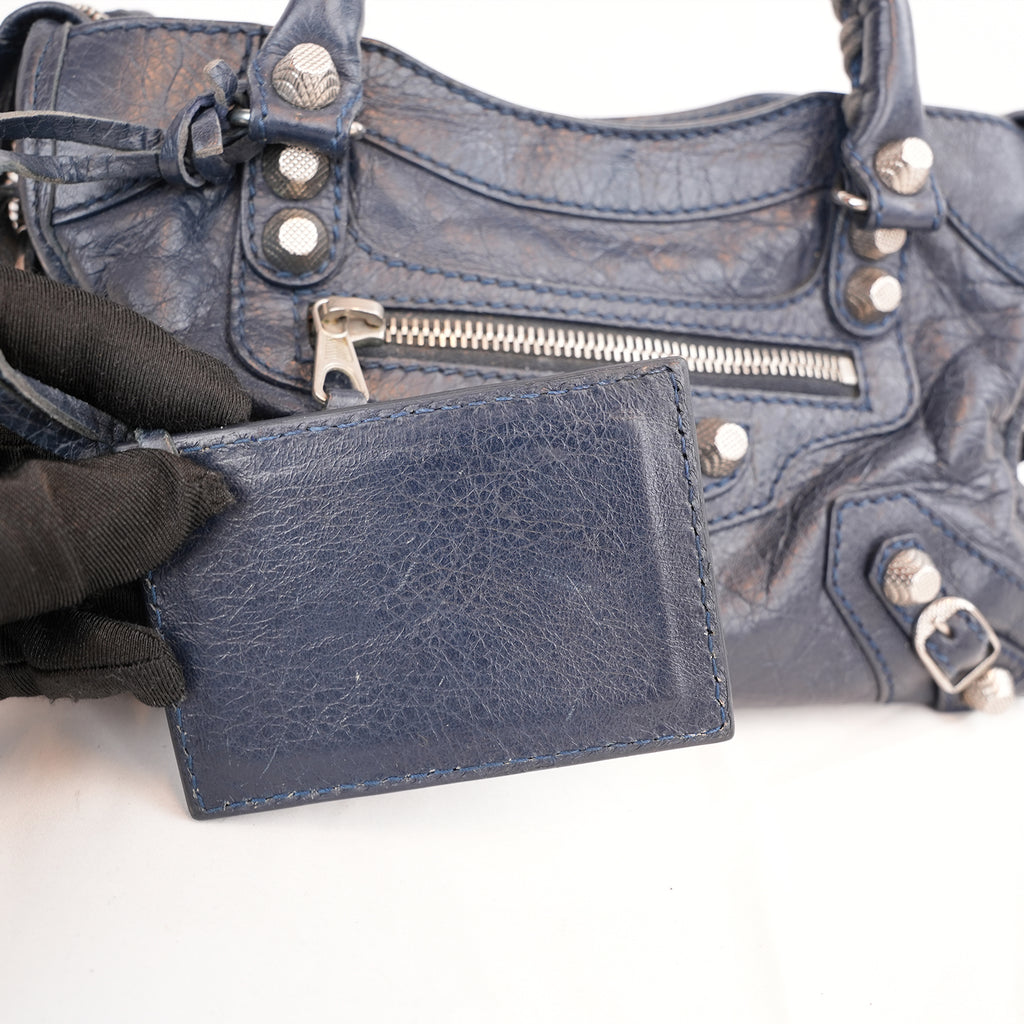 Balenciaga Mini City Borsa Vintage in Pelle Blu Scuro con Borchie Argento Giant 12