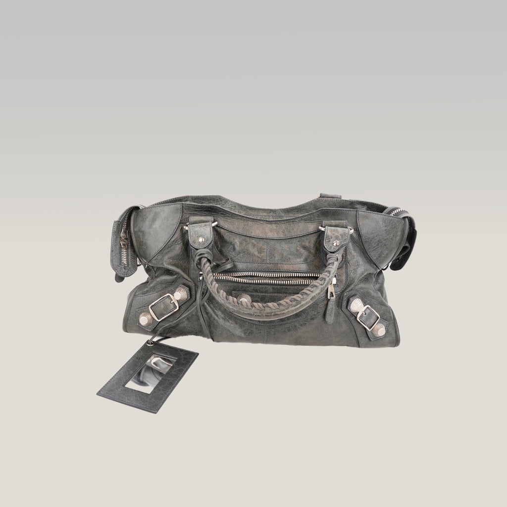 Balenciaga Giant Part Time Borsa a Mano in Pelle di Agnello Cerata Blu Navy con Borchie Argentate