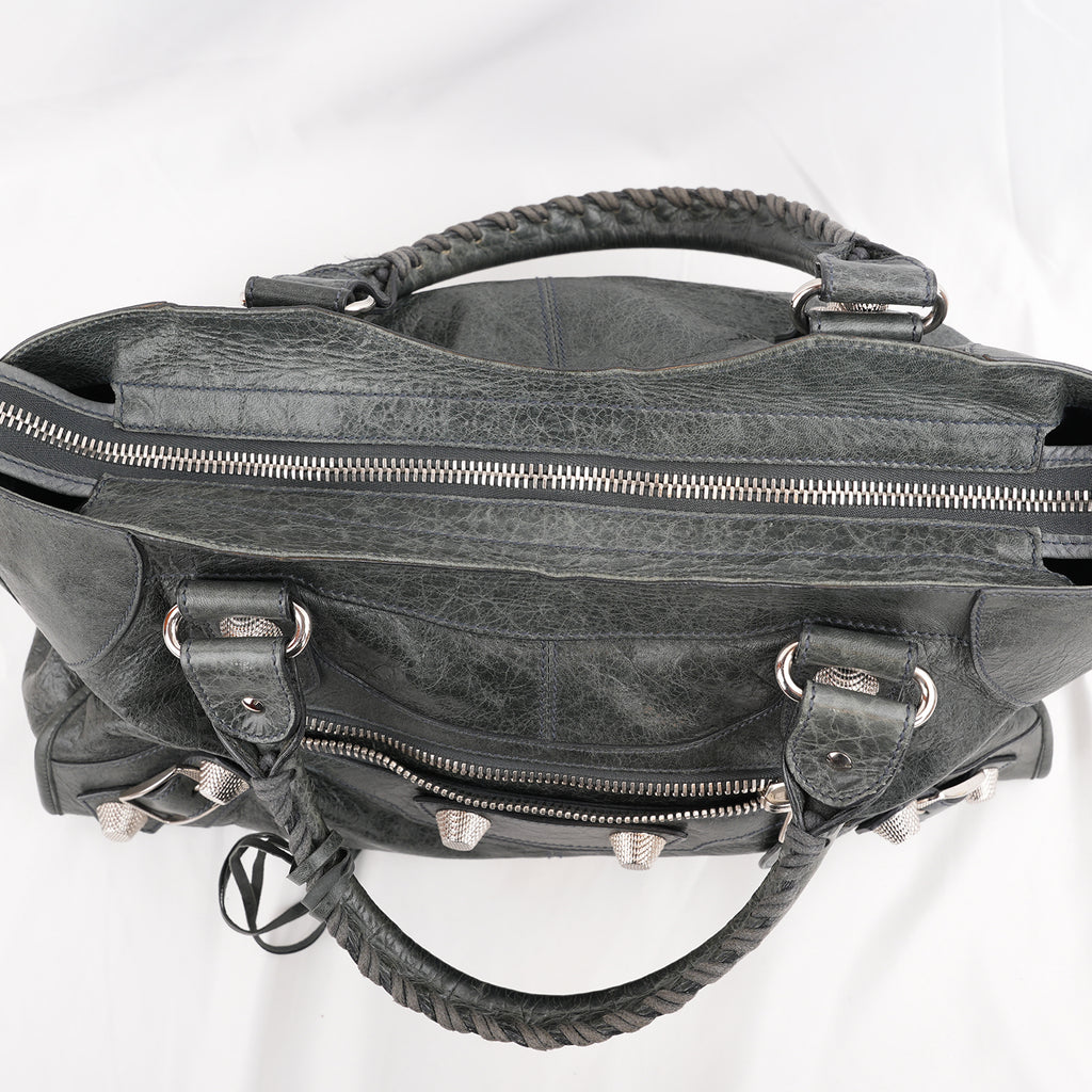 Balenciaga Giant Part Time Borsa a Mano in Pelle di Agnello Cerata Blu Navy con Borchie Argentate