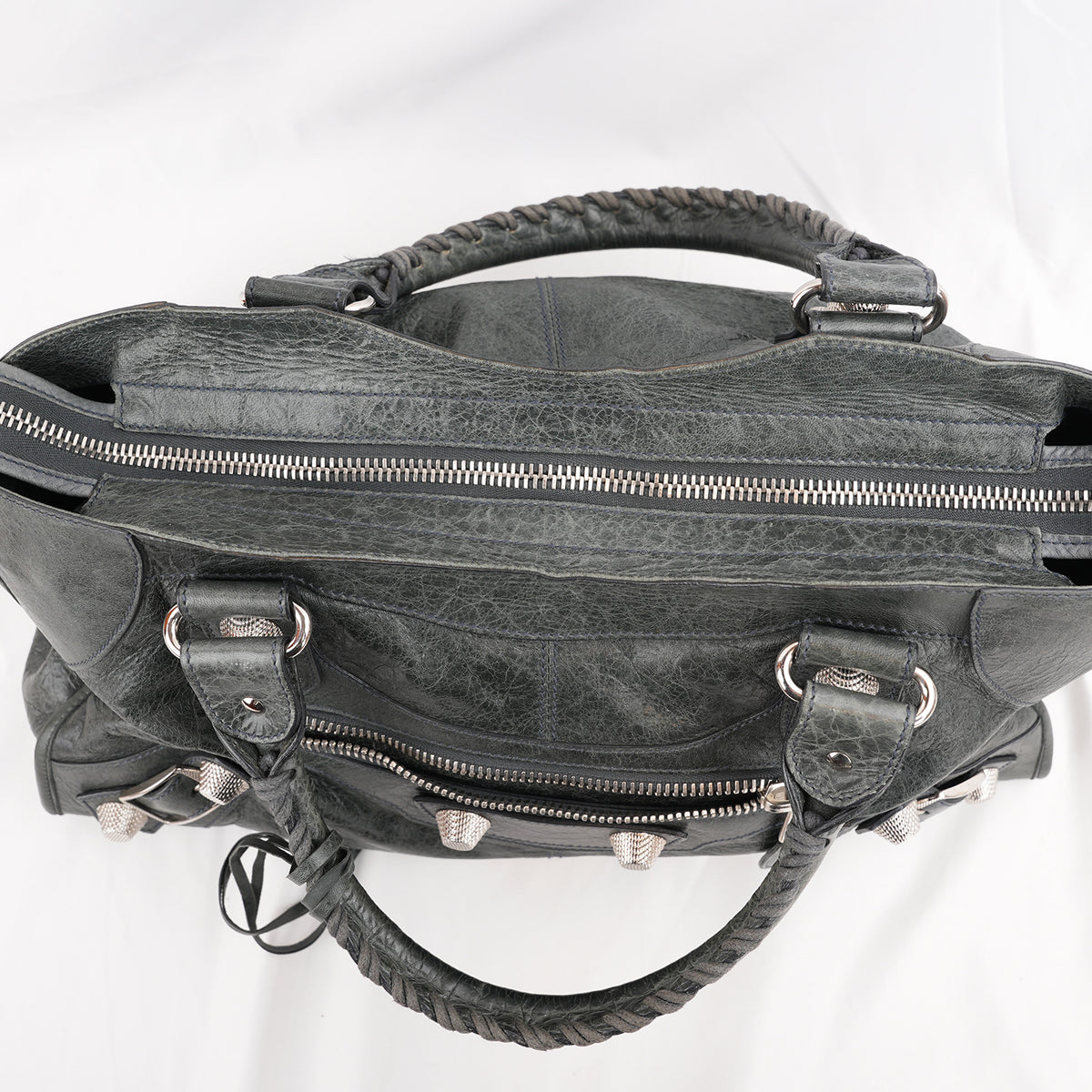 Balenciaga Giant Part Time Borsa a Mano in Pelle di Agnello Cerata Blu Navy con Borchie Argentate