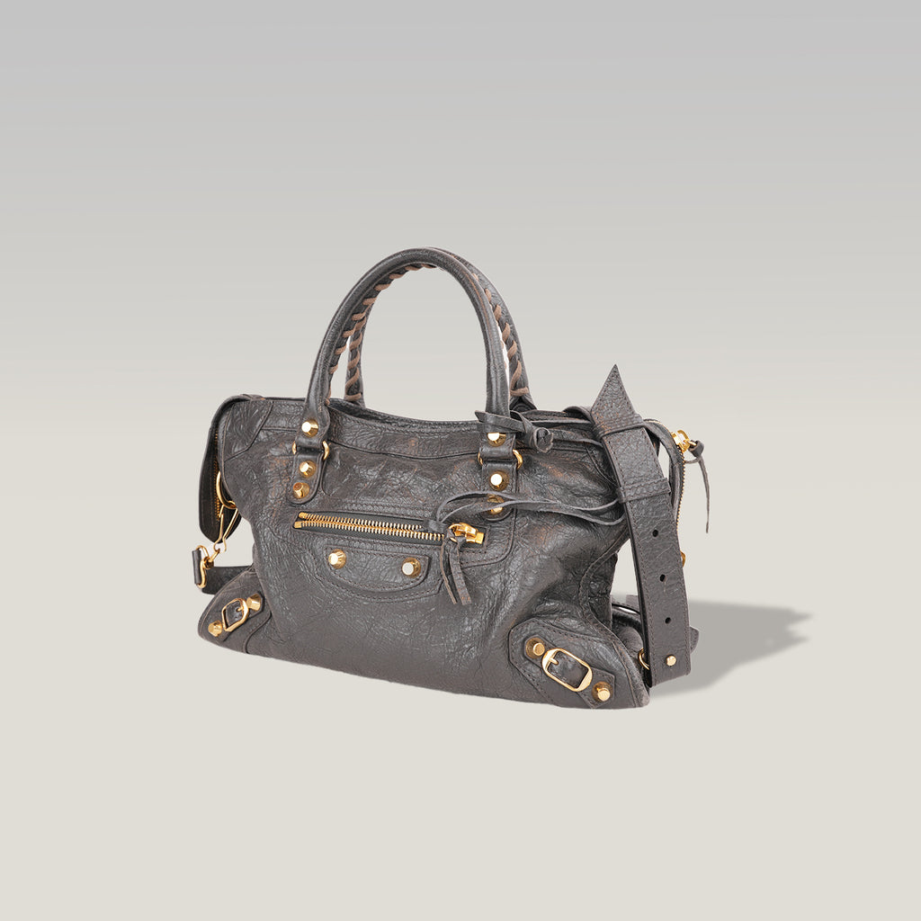 Balenciaga Classic City Borsa Motorcycle in Pelle di Capra Grigia con Borchie Dorate 30 cm